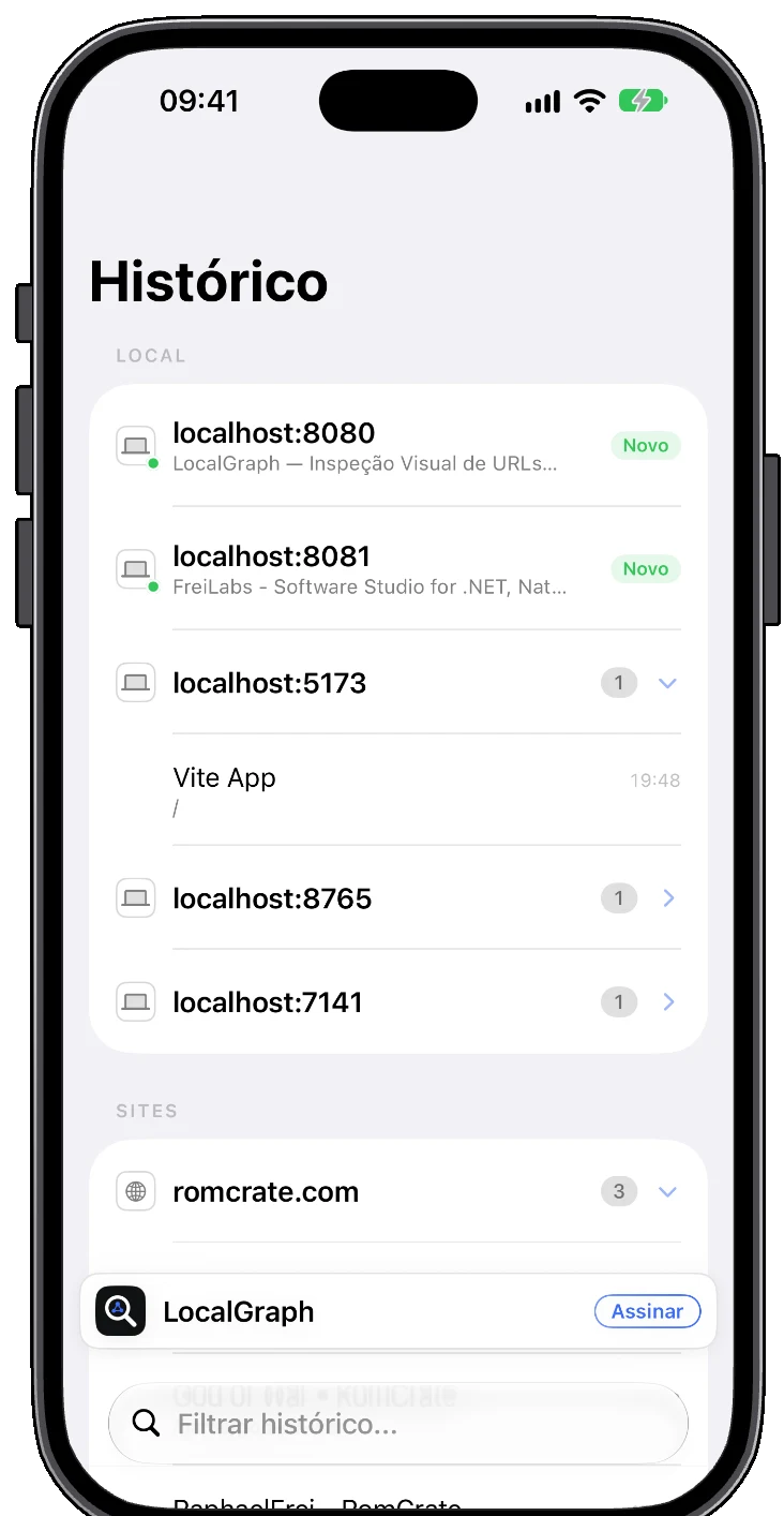 LocalGraph en iPhone mostrando el historial agrupado por sitio
